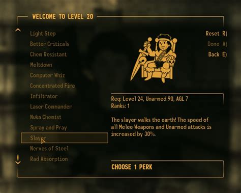 Fallout new vegas perks - Challenge Perks. Camel of the Mojave. Req: Drink 100 water items. Effect: Water 15% better at healing and removing dehydration. Animal Control, Bug Stomper, Etc (3) Req: Kill 50/100/150. Effect: Do 3/6/10 % more damage against it. Set Lasers For Fun (2) Req: Do 25,000 damage with rifle grip laser weapons.